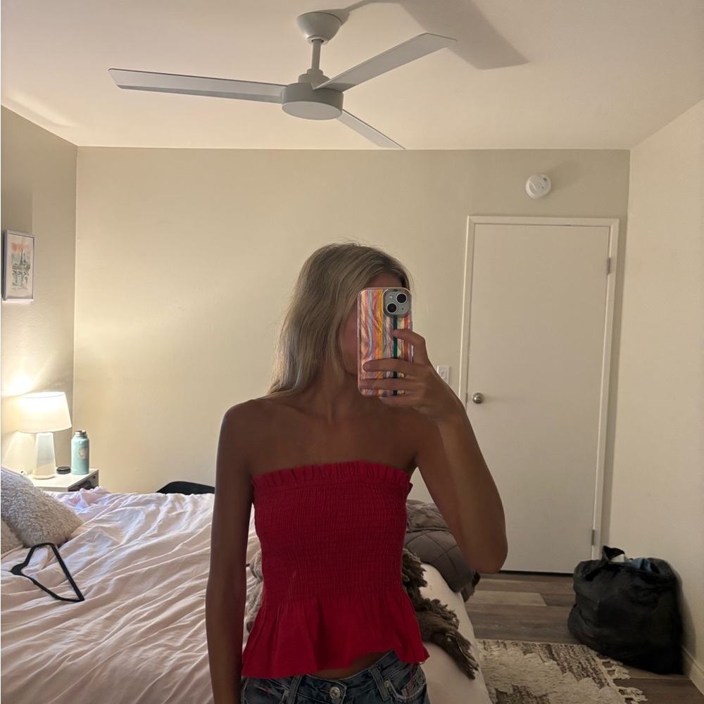 Strapless Smocked Peplum Top - Red